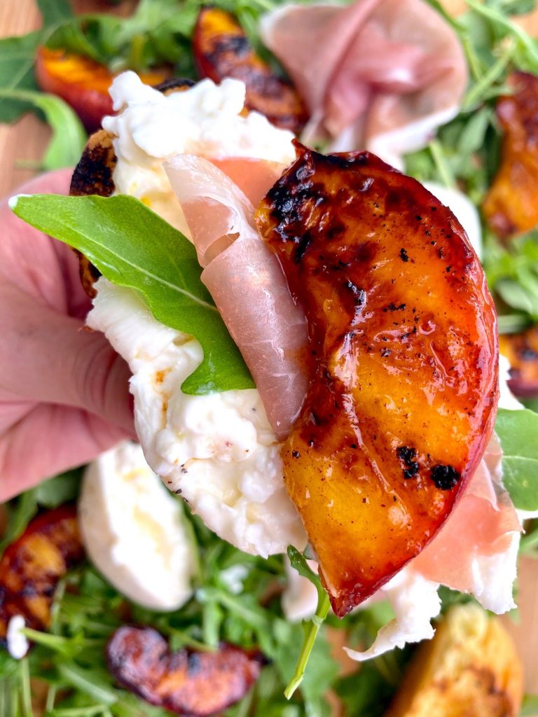 grilled peached and burrata on toast